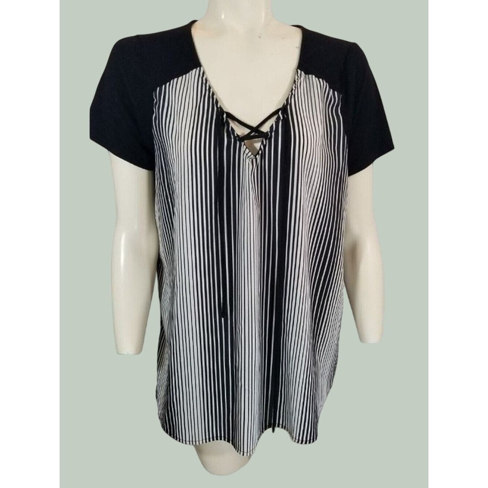 Espresso Blouse Lace Up V-Neck Vertical Stripe Tunic Minimalist Black White XL